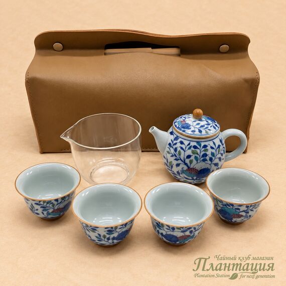Чайный Набор Дорожный в Сумке, Чайник, Чахай, 4 Пиалы, фарфор, стекло